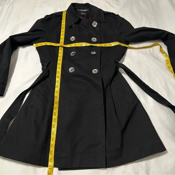 Express Black Denim Double-Breasted Belted Silver Button Trench Coat - Picture 13 of 16